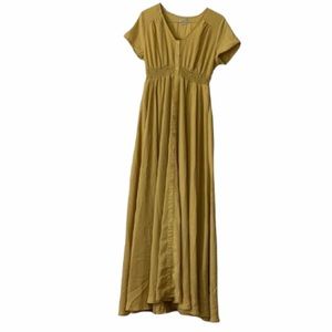 Polagram Mustard yellow button front V neck smocked waist flowy Maxi dress sz S